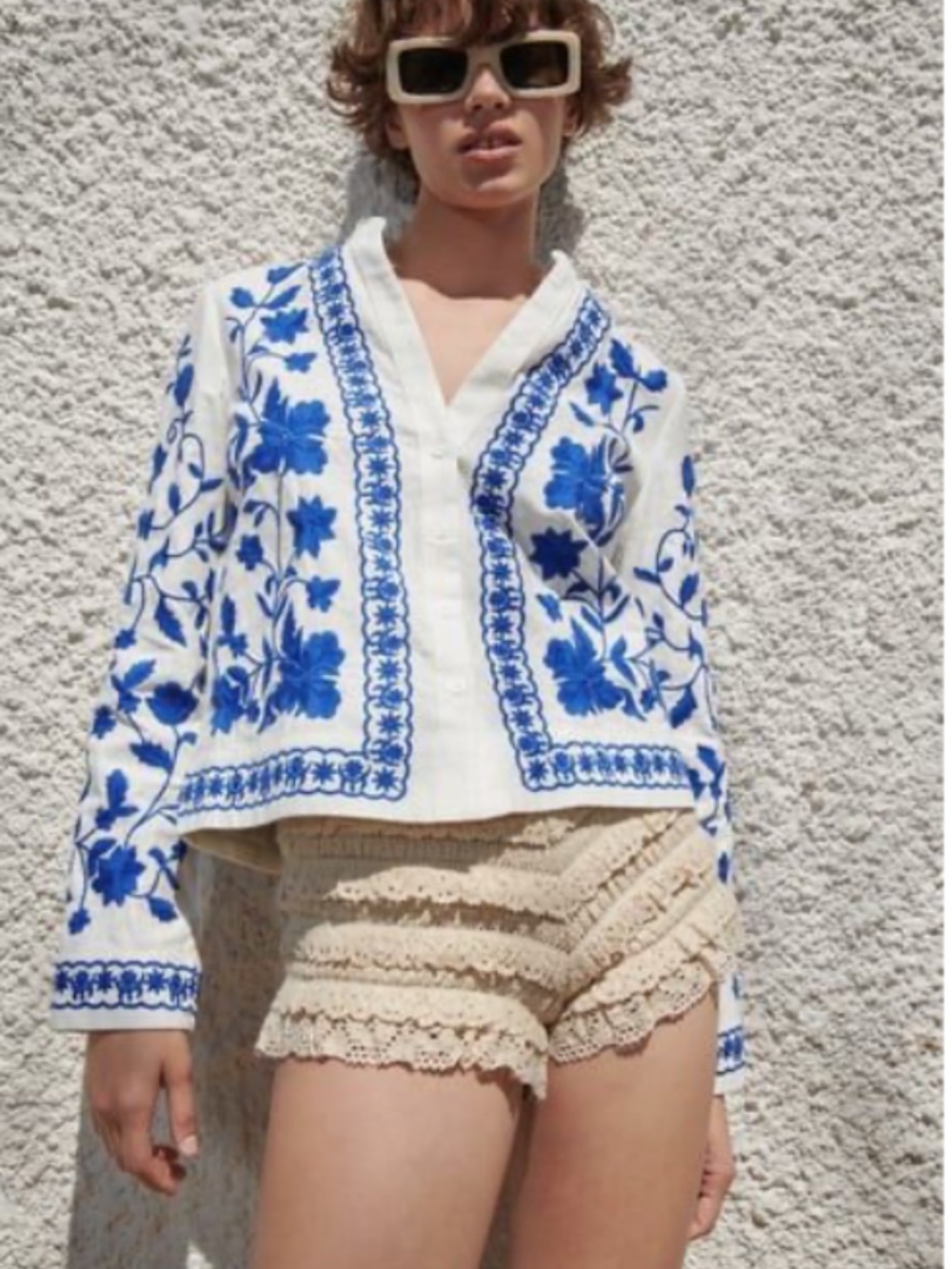 Zara Embroidered Jacket/Oversized Top-Blue & White Floral-Women's XXL